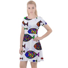 Fish Abstract Colorful Cap Sleeve Velour Dress 