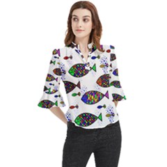 Fish Abstract Colorful Loose Horn Sleeve Chiffon Blouse