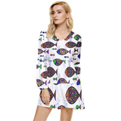 Fish Abstract Colorful Tiered Long Sleeve Mini Dress