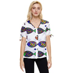 Fish Abstract Colorful Bow Sleeve Button Up Top