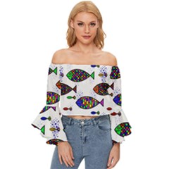 Fish Abstract Colorful Off Shoulder Flutter Bell Sleeve Top