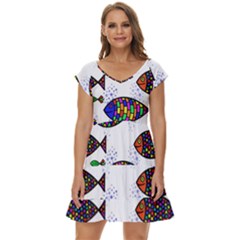 Fish Abstract Colorful Short Sleeve Tiered Mini Dress