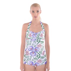 Bloom Nature Plant Pattern Boyleg Halter Swimsuit 