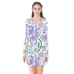 Bloom Nature Plant Pattern Long Sleeve V-neck Flare Dress