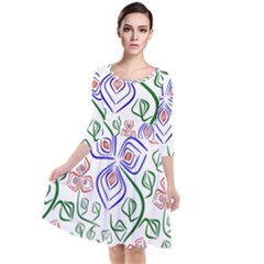 Bloom Nature Plant Pattern Quarter Sleeve Waist Band Dress