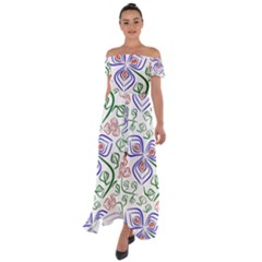 Bloom Nature Plant Pattern Off Shoulder Open Front Chiffon Dress