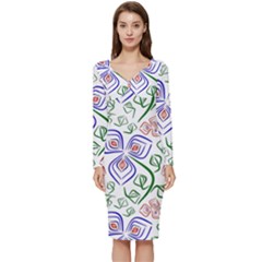 Bloom Nature Plant Pattern Long Sleeve V-neck Bodycon Dress 