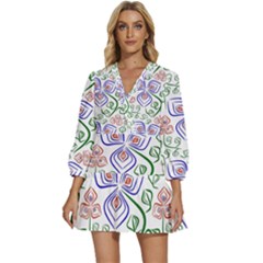 Bloom Nature Plant Pattern V-neck Placket Mini Dress