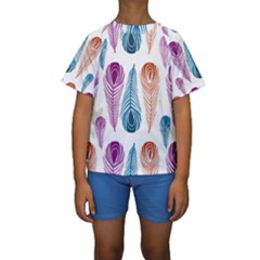 Pen Peacock Colors Colored Pattern Kids  Short Sleeve Swimwear