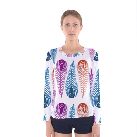 Pen Peacock Colors Colored Pattern Women s Long Sleeve T-shirt by Maspions