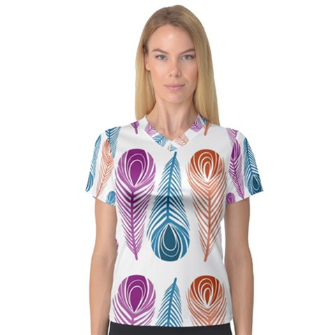 Pen Peacock Colors Colored Pattern V-neck Sport Mesh T-shirt by Maspions