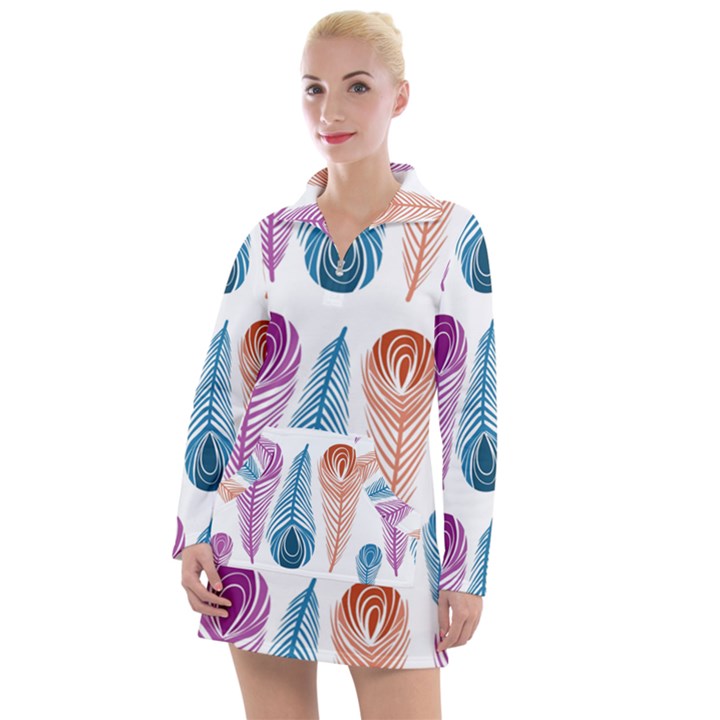 Pen Peacock Colors Colored Pattern Women s Long Sleeve Casual Dress