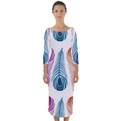 Pen Peacock Colors Colored Pattern Quarter Sleeve Midi Bodycon Dress by Maspions