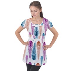 Pen Peacock Colors Colored Pattern Puff Sleeve Tunic Top by Maspions