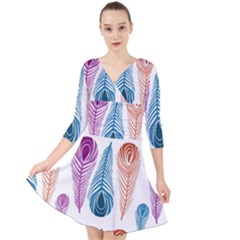 Pen Peacock Colors Colored Pattern Quarter Sleeve Front Wrap Dress by Maspions