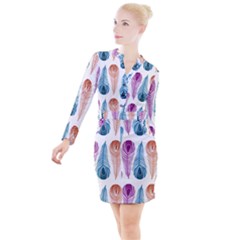 Pen Peacock Colors Colored Pattern Button Long Sleeve Dress