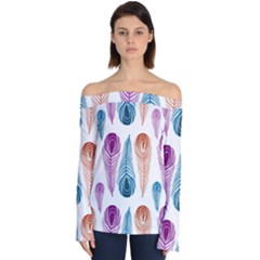 Pen Peacock Colors Colored Pattern Off Shoulder Long Sleeve Top by Maspions