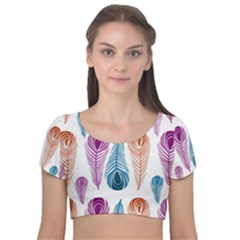 Pen Peacock Colors Colored Pattern Velvet Short Sleeve Crop Top 