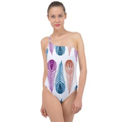 Pen Peacock Colors Colored Pattern Classic One Shoulder Swimsuit by Maspions