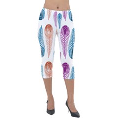 Pen Peacock Colors Colored Pattern Lightweight Velour Capri Leggings  by Maspions