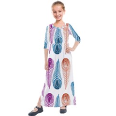 Pen Peacock Colors Colored Pattern Kids  Quarter Sleeve Maxi Dress by Maspions