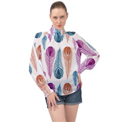 Pen Peacock Colors Colored Pattern High Neck Long Sleeve Chiffon Top by Maspions