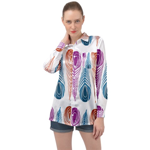 Pen Peacock Colors Colored Pattern Long Sleeve Satin Shirt by Maspions