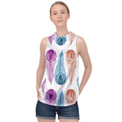 Pen Peacock Colors Colored Pattern High Neck Satin Top