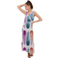 Pen Peacock Colors Colored Pattern V-neck Chiffon Maxi Dress