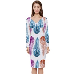 Pen Peacock Colors Colored Pattern Long Sleeve V-neck Bodycon Dress 