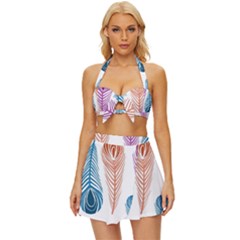 Pen Peacock Colors Colored Pattern Vintage Style Bikini Top And Skirt Set 