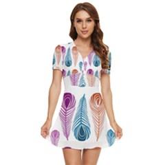 Pen Peacock Colors Colored Pattern V-neck High Waist Chiffon Mini Dress