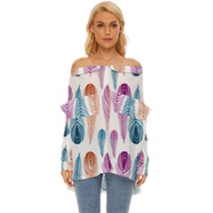 Pen Peacock Colors Colored Pattern Off Shoulder Chiffon Pocket Shirt