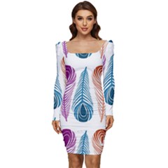 Pen Peacock Colors Colored Pattern Women Long Sleeve Ruched Stretch Jersey Dress by Maspions