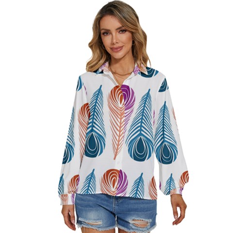 Pen Peacock Colors Colored Pattern Women s Long Sleeve Button Up Shirt by Maspions