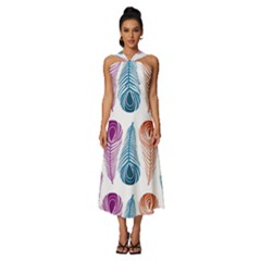 Pen Peacock Colors Colored Pattern Sleeveless Cross Front Cocktail Midi Chiffon Dress