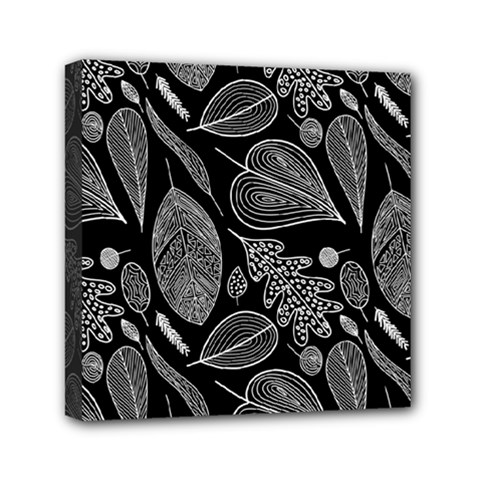 Leaves Flora Black White Nature Mini Canvas 6  X 6  (stretched)