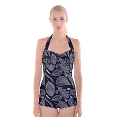 Leaves Flora Black White Nature Boyleg Halter Swimsuit 