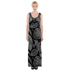 Leaves Flora Black White Nature Thigh Split Maxi Dress