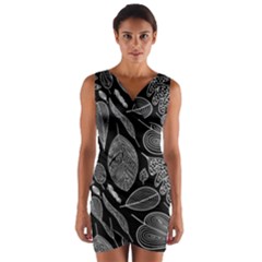 Leaves Flora Black White Nature Wrap Front Bodycon Dress