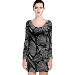 Leaves Flora Black White Nature Long Sleeve Velvet Bodycon Dress