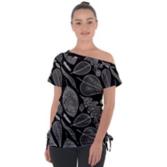 Leaves Flora Black White Nature Off Shoulder Tie-up T-shirt