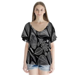 Leaves Flora Black White Nature V-neck Flutter Sleeve Top