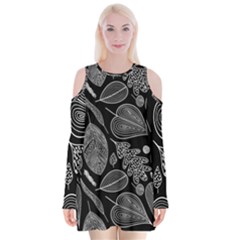 Leaves Flora Black White Nature Velvet Long Sleeve Shoulder Cutout Dress