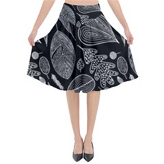 Leaves Flora Black White Nature Flared Midi Skirt