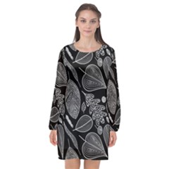 Leaves Flora Black White Nature Long Sleeve Chiffon Shift Dress 