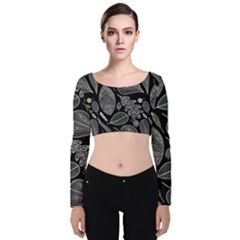 Leaves Flora Black White Nature Velvet Long Sleeve Crop Top