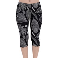 Leaves Flora Black White Nature Velvet Capri Leggings 