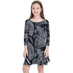 Leaves Flora Black White Nature Kids  Quarter Sleeve Skater Dress by Maspions