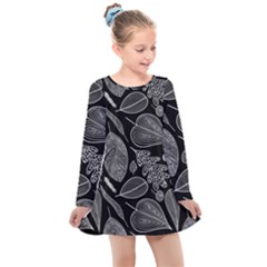 Leaves Flora Black White Nature Kids  Long Sleeve Dress by Maspions